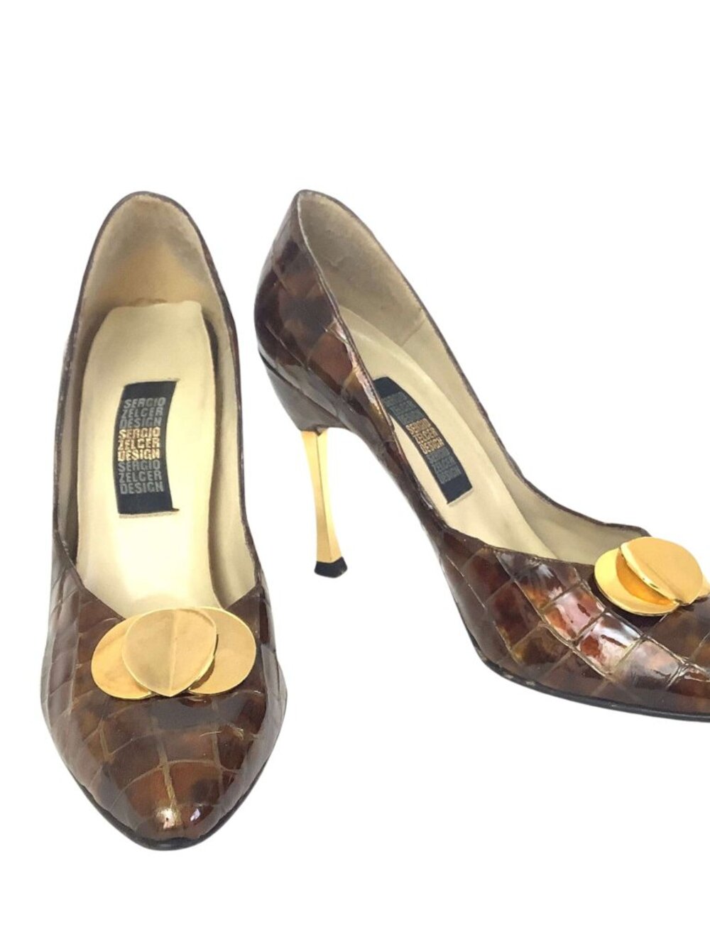 Sergio Zelcer Heels Green/Brown Faux Croc Gold Heel Stilettos Women's Size 8.5